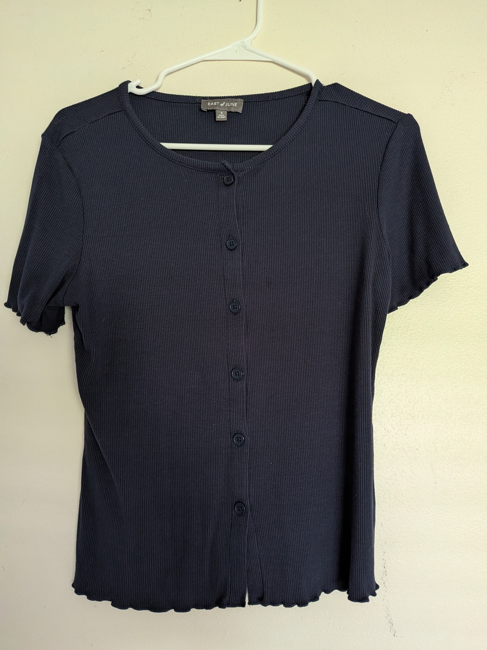 Navy Ribbed Button-Up Short Sleeve Top